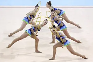 Professional Rhythmic Gymnastics Drucke: Sofia, Bulgaria - 30 March, 2018: Team Slovenia performs with hoops during Rhythmic Gymnastics World Cup Sofia 2018