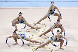 Fitness And Health Competition Drucke: Sofia, Bulgaria - 30 March, 2018: Team Slovenia performs with hoops during Rhythmic Gymnastics World Cup Sofia 2018
