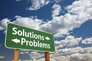 Cloudy Atmospheric Image Drucke: Solutions, problems green road sign over dramatic clouds and sky