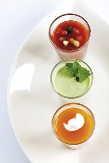 Gazpacho Soup Drucke: Three soups in glasses, gazpacho