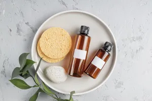 Spa Composition Drucke: SPA composition. Set of copyspace cosmetic bottles