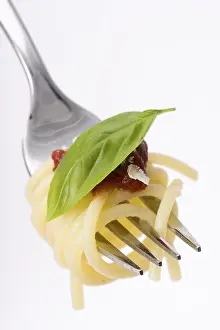 Food Photography Studio Setup Drucke: Spaghetti on a fork over white background