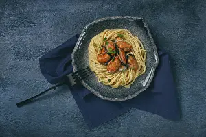 Spaghetti With Mussels Drucke: Spaghetti with mussels, without shell