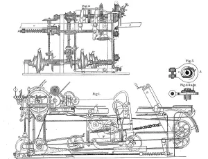 European Woodcut Art Drucke: Spinning machine, selfactor for the yarn spinning process