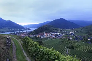 Austrian Countryside Landscape Photo Drucke: Spitz and Danube in the evening twilight