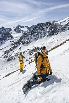 Snowy Mountain Landscape Europe Drucke: Splitboarders on the descent, mountains in winter