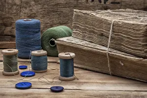 Deserted Road Scene Drucke: Spool sewing thread and buttons in vintage style