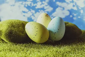 Traditional Holiday Decoration Drucke: Spotted Easter eggs on the grass. Holiday concept