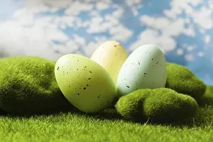 Holiday Concept Image Drucke: Spotted Easter eggs on the grass. Holiday concept