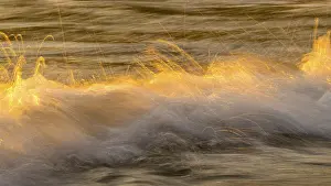 Drucke von Spray, Wellen am Strand, Sonnenuntergang, lange Belichtungszeit, dynamische Helligkeitsbereich, Porth Nanven, St. Just, Cornwall, Großbritannien Porth Drucke: Sprühen, Wellen am Strand, Sonnenuntergang.
