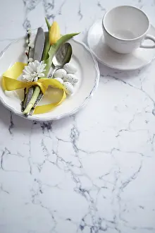 Flat Lay Food Photography Drucke: Spring Easter Table setting at white marble table