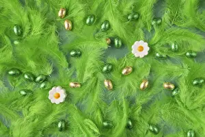 Easter Egg Background Drucke: Spring-like background with green feathers