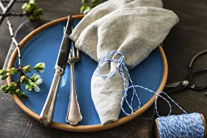 Country Style Table Decor Drucke: Spring table setting in rustic style decorated with cherry bloom tree branches
