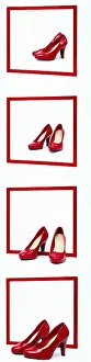 Drucke von Ein quadratischer roter Rahmen vor weißem Hintergrund. Collage, rote High Heels stehen vor dem Rahmen Einzige Drucke: Ein quadratischer roter Rahmen vor einem weißen Hintergrund.