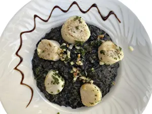 No People Food Still Life Drucke: Squid risotto with scallops, Food