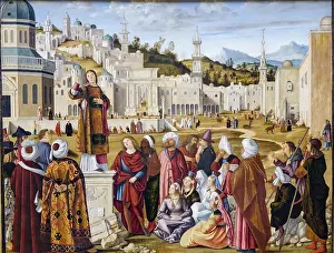 Drucke von St Stephens Predigt in Jerusalem, Vittore Carpaccio, Louvre Museum, Paris, Frankreich, Westeuropa St Stephens Predigt in Jerusalem, Vittore Carpaccio, Louvre Museum, Paris, Frankreich , Westeuropa Vittore Carpaccio Drucke: Die Predigt des Stephanus in Jerusalem.