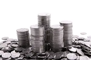 White Background Currency Drucke: Stack of coins isolated on a white background