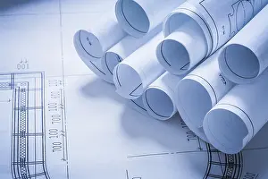 Architecture Concept Drucke: Stack of construction plans building and architecture concept