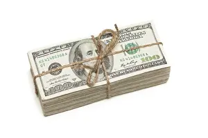 White Background Currency Drucke: Stack of one hundred dollar bills tied in a burlap string isolated on a white background
