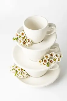 Spring Floral Arrangement Drucke: Stack of elegant white teacups and plates