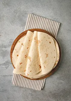 Food Photography Detail Drucke: A stack of Mexican tortillas, on a gray table