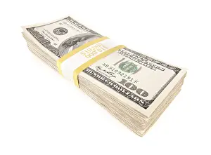 US Dollar Note Drucke: Stack of ten thousand dollars worth of one hundred dollar bills isolated on white background
