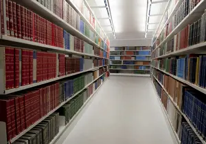 Educational Institution Furniture Drucke: Stack of various information Books for study on a University library bookshelf