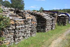 Green Energy Supply Drucke: Stacked firewood, split logs in a pile