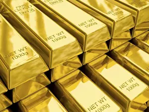 Precious Metal Concept Drucke: Stacks of gold bars close up