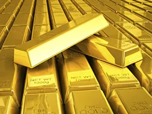 Deserted Building Architecture Drucke: Stacks of gold bars close up