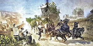 Vintage Travel Photography Style Drucke: Stagecoach in Spain in full swing, c