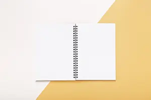 Desk Utensils Image Drucke: Stationery elements with empty opened notepad