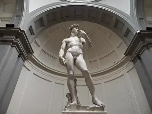 Drucke von Ein Meisterwerk der Renaissance: Der David von Michelangelo, ein Symbol der Stärke und Schönheit, thront majestätisch in der Galleria dell'Accademia in Florenz Michelangelo Buonarroti Drucke: Der David von Michelangelo in der Galleria dellAccademia, Florenz