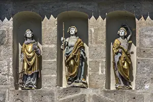 Drucke von Statuen des hl. Laurentius mit dem Rost, hl. Georg mit dem Drachen und der hl. Sebastian mit den Pfeilen, befestigte Kirche in Effeltrich, Oberfranken, Bayern, Deutschland Laurentius Drucke: Statuen des hl. Laurentius mit dem Rost.
