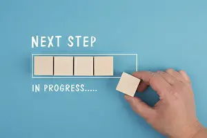 Business Strategy Planning Drucke: Next step in progress, having new goal and strategy