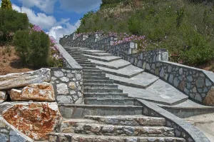 Blue Sky Background Drucke: Steps with stone slabs blue sky and white clouds background
