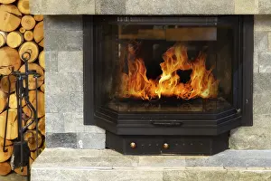 Cozy Winter Scene Drucke: Stone Fireplace with Flames of burning fire