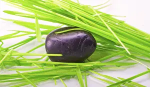Studio Shot Of Rock Drucke: Stone in the grass on white background