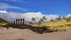 Palm Tree Landscape Photography Drucke: Stone statues on a sandy area of Easter Island