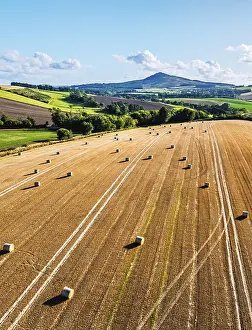Scottish Farmland Drucke: Straw bales in the Scottish fields from a drone