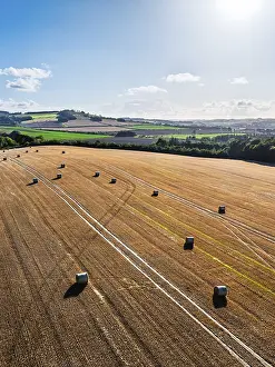 British Countryside Drone Shot Drucke: Straw bales in the Scottish fields from a drone