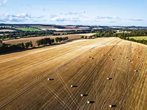 Drone View Of Straw Bales Drucke: Straw bales in the Scottish fields from a drone