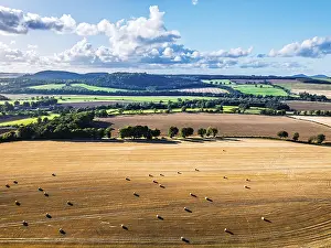 British Countryside Drone Shot Drucke: Straw bales in the Scottish fields from a drone