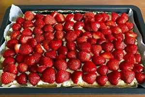 Close Up Shot Drucke: A strawberry cake on a baking sheet