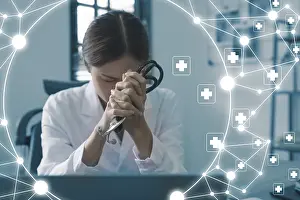 Healthcare Concept Image Drucke: Stressed of Doctor and interface icon on screen
