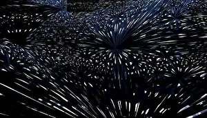 Modern Digital Artwork Drucke: This striking 3D render features a complex interplay of geometric patterns dominated by shades of blue