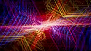 Abstract Digital Artwork Drucke: A striking 3D-rendered visualization featuring interlacing geometric patterns and intense multi-colored light