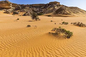 Western Asia Barren Landscapes Drucke: Striking rocks surrounded by windswept sand structures