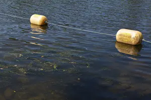 Yellow Navigation Buoys Drucke: String of yellow cautionary navigation buoys on river water surface serving to warn