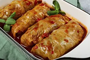 Balkan Food Photography Drucke: Stuffed cabbage rolls with minced meat
